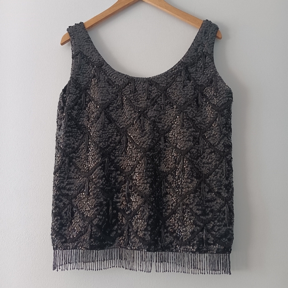 cyn les Tops - Cyn Les Vintage Black Sequin Beaded Fringe Wool Top M